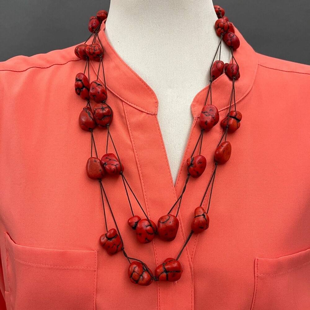 Red Stones‎ Brown Cord Women's Fashion Necklace NWOT